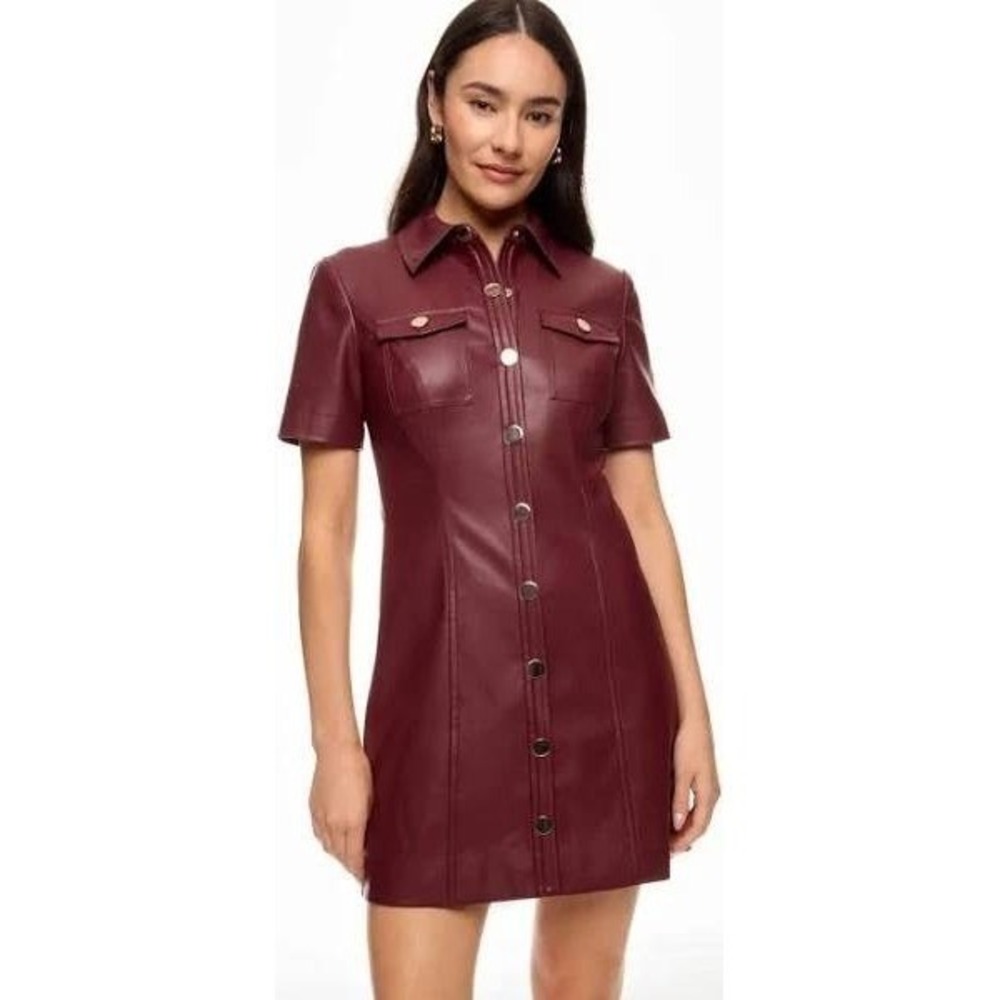 TOCCIN Burgundy Faux Leather Short Sleeve Dress Snap Front Mini Vegan Sz 4